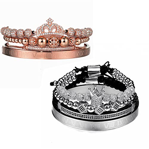 Armband Paare Armband Charme Männer Frauen Pflastern CZ Zirkon Krone Flechten Set Armband Liebhaber Geschenk (Size : Men Silve Lady Rose) von Sudemota