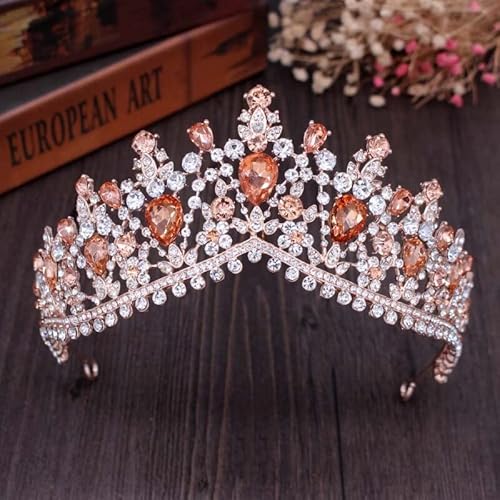 Brautkrone Königin Krone for Frauen, Luxus Vintage Strass Diademe Kronen Stirnbänder Braut Party Diadem Braut Hochzeit Haarschmuck Ornamente (Color : Rose Gold) von Sudemota