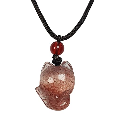 Halsketten Natürliche Obsidian-Fluorit-Fuchs-Erdbeer-Kristall-Fuchs-Halskette, heilende Kristall-Edelstein-Anhänger-Halsketten mit verstellbarer gewebter Seilkette Modeschmuck ( Color : Strawberry Cry von Sudemota