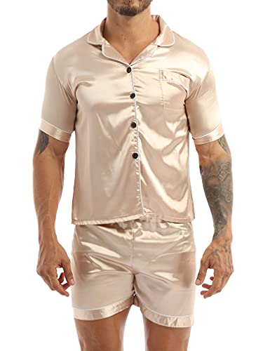 Pyjama-Sets Herren-Schlafanzug aus Seide und Satin, Pyjama, kurzes Set, Kurze Ärmel, Nachtwäsche, Loungewear (Color : Champagne, Size : XL) von Sudemota