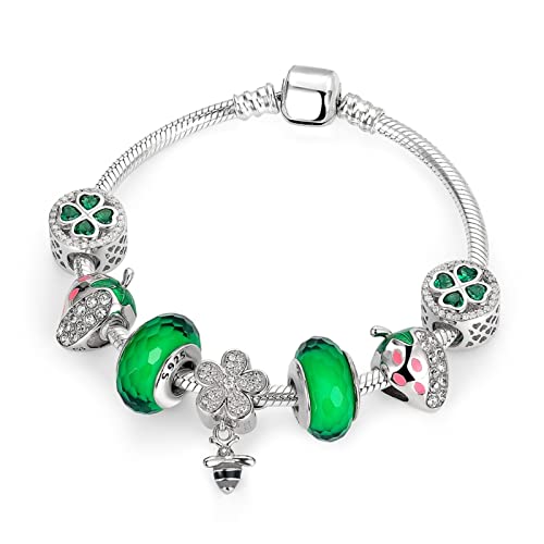 Sudemota Armband 100% 925 Sterling Silber niedliche Biene grün Erdbeerklee Charms Armband Armreif kompatibel mit Damen Silberschmuck von Sudemota