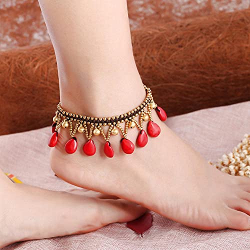 Sudemota Fußkettchen Europäische und amerikanische böhmische Halbedelsteine ​​Strand Wind Fußkettchen Wachsseil handgewebte Glocken Fußkettchen Damenschmuck (Color : Red) von Sudemota