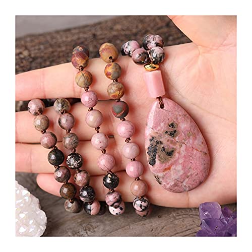 Sudemota Halsketten Naturstein Wassertropfen rosa Opal Nugget Anhänger 8 mm 108 Gebetskette Knoten handgemachte Halskette Mala Schmuck Modeschmuck (Size : Rhodonite 40Inch) von Sudemota