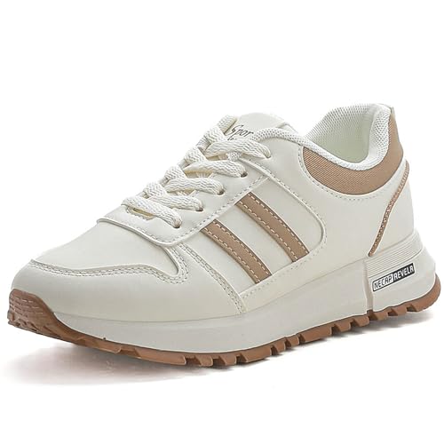 Sudychen Freizeitschuhe Damen Leder Laufschuhe Leicht Sneaker Mode Sportschuhe Atmungsaktiv Walkingschuhe Outdoor Fitness Running Weiß von Sudychen