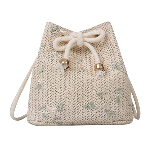 Frauen Strohkreuzbodus Tasche Handgewebte Schulter Sommerstrand All Match Kordelmessenmessen Fashion Bucket Stroheimerinnen Draw String Schulter Beach Handbag von SueaLe