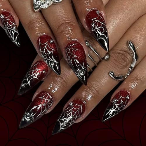 Mandel Französische Tipps Gefälschte Nägel Acryl Mit Spiders Designs Für Frauen Halloween Press Auf Mandel False Nail von SueaLe