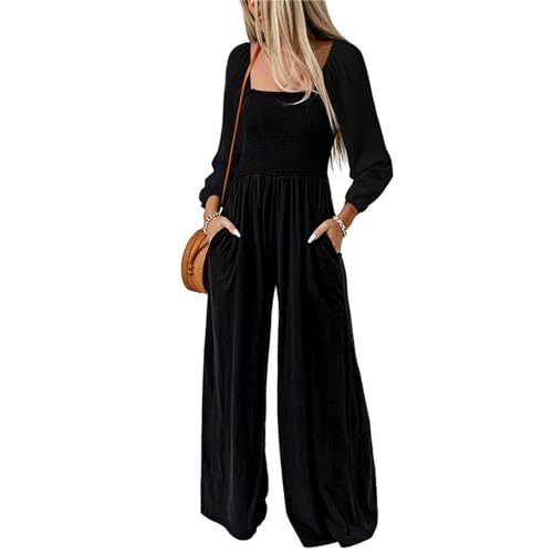 SueaLe Damen Overall Mit Gesmoktem Quadratischem Ausschnitt Und Weitem Bein Puffärmel Einfarbig Elastisch Hohe Taille Overall Mit Taschen Langärmliger Overall von SueaLe