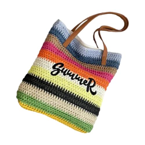 SueaLe Stilvoller Und Praktischer Regenbogen Gewebter Tasche Travel Umhängetaschen Geräumige Handtasche Für Strandferien Und Einkaufsbeutel In Stadtweiche Weiche Stroh Umhängetasche von SueaLe