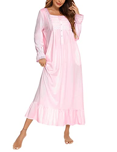 Suelinvy Damen Langarm Knopfleiste Stickerei Viktorianische Nachthemden Rüschen Niedlich Schlafkleid Nachthemd Pyjama Kleid S-XXL, Pink, Large von Suelinvy