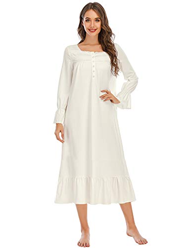 Suelinvy Frauen Langarm Knopf Stickereien Viktorianische Nachthemden Rüschen Nette Schlaf Kleid Nachthemd Pyjama Kleid S-XXL, Weiß, L von Suelinvy