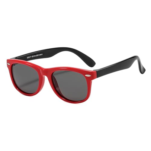 Suertree Polarisierte Sonnenbrille Kids Square Silikon Flexible Anti UV 400 Brille Jungen Mädchen Anzug für 3-12 Jahre Red Frame Black Legs von Suertree