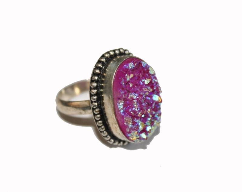 Lila Druzy Geode Ring Antikes Silber Vergoldet, Größe 9 von SuesArts