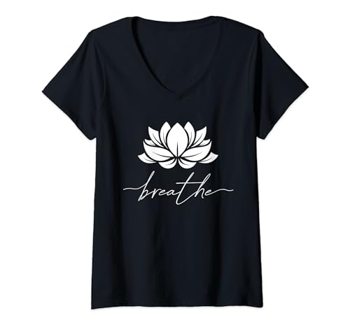 Damen Lotus Blume Line Art Sommer Breathe Meditation Yoga Blüte T-Shirt mit V-Ausschnitt von Süße Blumen Frühlings Motive Motivation Organiqed