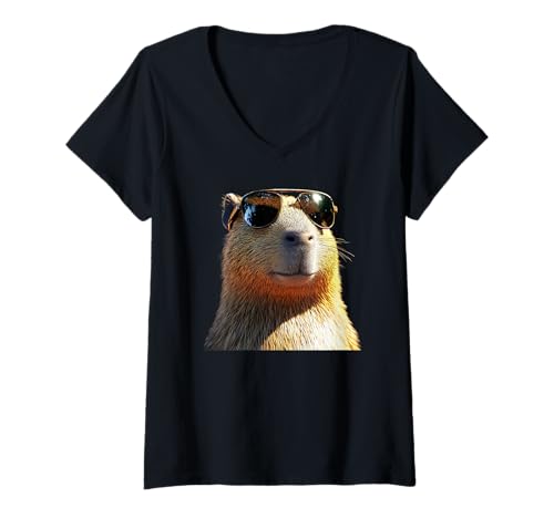 Damen Capybara mit Sonnenbrille Be Capy Wasserschwein Nagetier T-Shirt mit V-Ausschnitt von Süße Capybaras für Capybaraflüsterer & Nager Fans