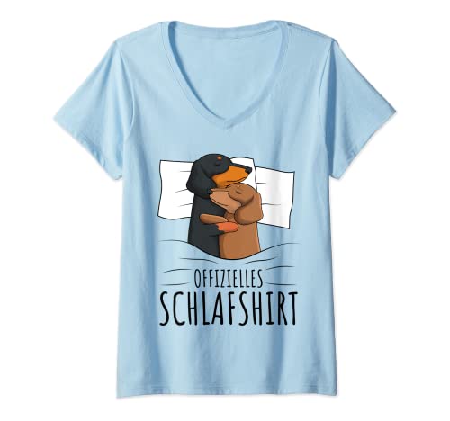 Damen Offizielles Schlafshirt Dackel Hund Dachshund Teckel T-Shirt mit V-Ausschnitt von Süße Dackel Hunde Design Geschenke