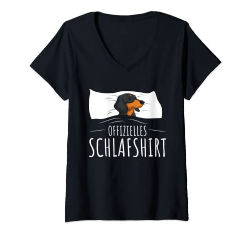Damen Offizielles Schlafshirt Schlafanzug Dackel Hund Geschenkidee T-Shirt mit V-Ausschnitt von Süße Dackel Hunde Design Geschenke