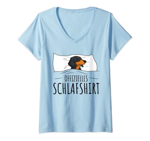 Damen Offizielles Schlafshirt Schlafanzug Dackel Hund Geschenkidee T-Shirt mit V-Ausschnitt von Süße Dackel Hunde Design Geschenke