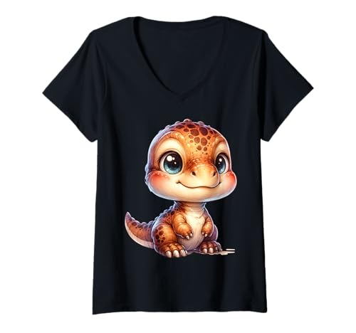 Damen Kawaii Dinosaurier für Kinder Dino Motiv T-Shirt mit V-Ausschnitt von Süße Dino Designs für Kinder Jungen Mädchen