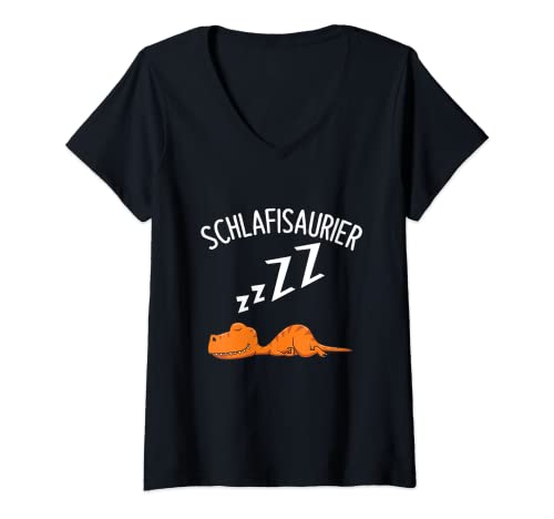 Damen Dinosaurier Schlafshirt Pyjama Müder Dino Schlafisaurier T-Shirt mit V-Ausschnitt von Süße Dinosaurier Schlafkleidung