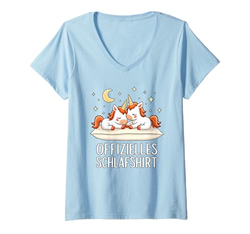 Damen Offizielles Schlafshirt Einhorn Einhörner T-Shirt mit V-Ausschnitt von Süße Einhorn Schlafshirt Damen Herren Geschenke
