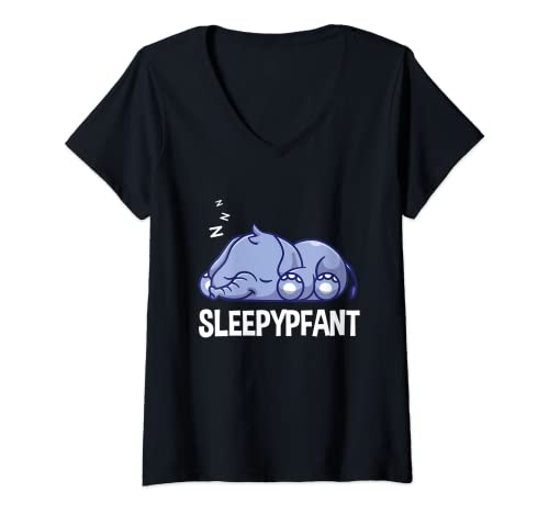 Damen Sleepyfant Elefant Schlafshirt Müde Schlafen Spruch T-Shirt mit V-Ausschnitt von Süße Elefanten Schlaf Sprüche Kleidung