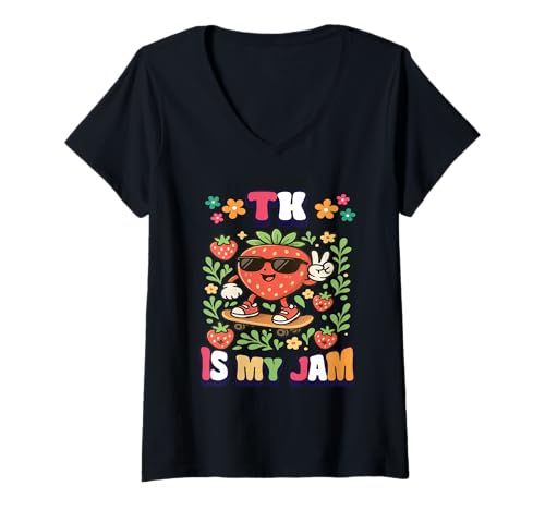 Damen TK ist Mein Marmeladen -Erdbeer -Kirsch T-Shirt mit V-Ausschnitt von Süße Erdbeer -TK -Kleidung - TK zurück zur Schule