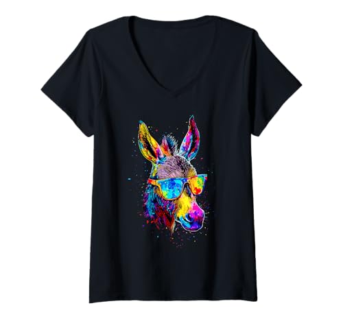 Damen Esel in Bunt Popart Farben Hausesel Donkey Reiten Süßer Esel T-Shirt mit V-Ausschnitt von Süße Esel für Reiter und Esel Liebhaber