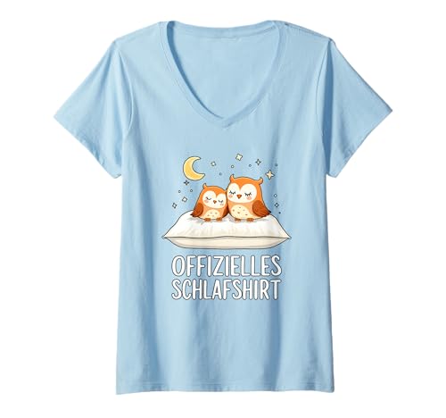 Damen Offizielles Schlafshirt Eule Eulen T-Shirt mit V-Ausschnitt von Süße Eule Schlafshirt Damen Herren Geschenke
