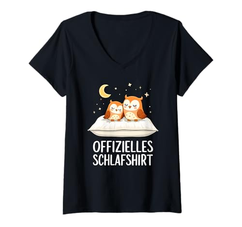 Damen Offizielles Schlafshirt Eule Eulen T-Shirt mit V-Ausschnitt von Süße Eule Schlafshirt Damen Herren Geschenke