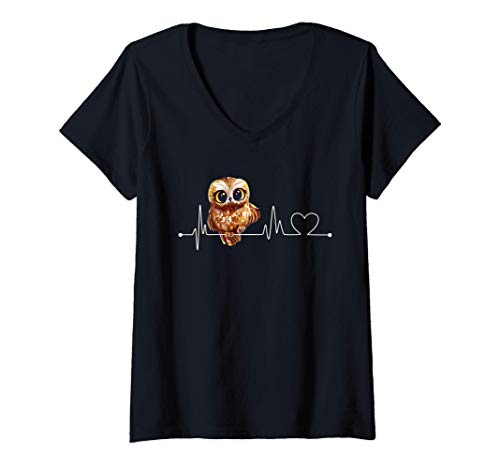 Damen Eulen Herzschlag Heartbeat EKG Eule Puls Süßes Eulen T-Shirt mit V-Ausschnitt von Süße Eulen Familien Design Shop