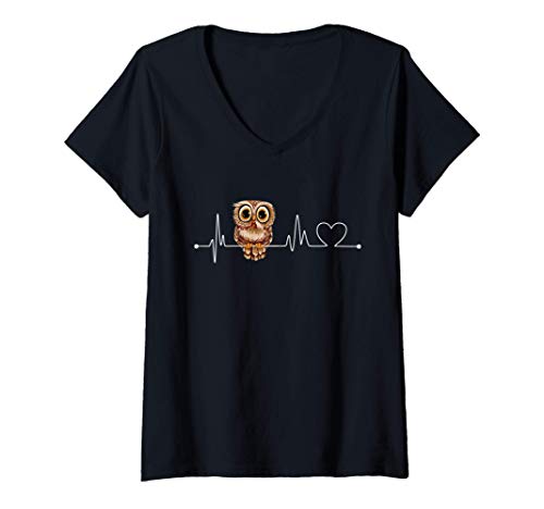 Damen Eulen Herzschlag Heartbeat EKG Eule Puls Süßes Eulen T-Shirt mit V-Ausschnitt von Süße Eulen Familien Design Shop