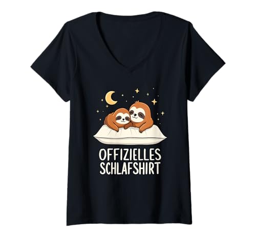 Damen Offizielles Schlafshirt Faultier Faultiere T-Shirt mit V-Ausschnitt von Süße Faultier Schlafshirt Damen Herren Geschenke