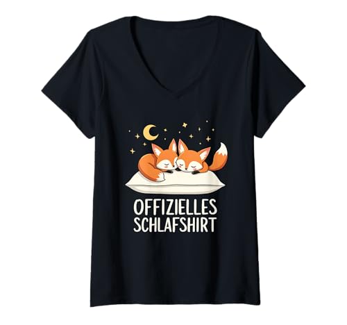 Damen Offizielles Schlafshirt Fennek Fuchs Füchse T-Shirt mit V-Ausschnitt von Süße Fennek Fuchs Schlafshirt Damen Herren