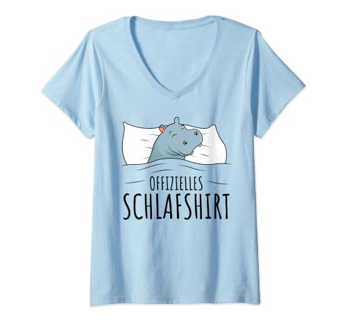 Damen Offizielles Schlafshirt Nilpferd Hippo Schlafanzug Schlafen T-Shirt mit V-Ausschnitt von Süße Flusspferd Liebhaber Geschenke