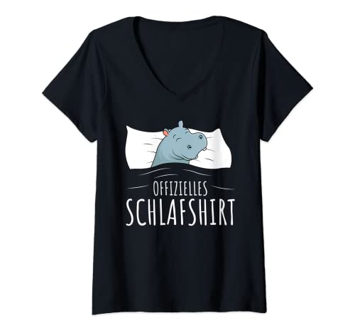 Damen Offizielles Schlafshirt Nilpferd Hippo Schlafanzug Schlafen T-Shirt mit V-Ausschnitt von Süße Flusspferd Liebhaber Geschenke