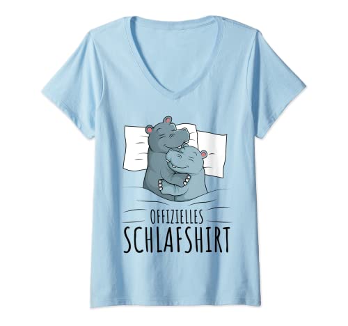 Damen Offizielles Schlafshirt Nilpferd Hippo T-Shirt mit V-Ausschnitt von Süße Flusspferd Liebhaber Geschenke