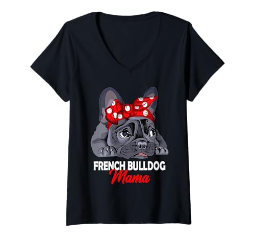 Damen Französische Bulldogge Mama Frenchie Hunde Frauchen T-Shirt mit V-Ausschnitt von Süße Französische Bulldoggen Geschenke