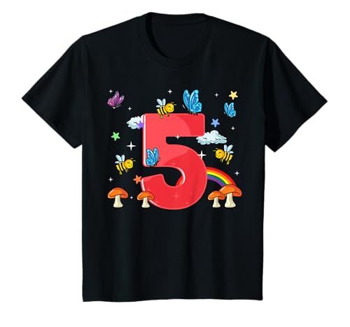 Kinder 5. Geburtstag Mädchen Junge Schmetterling Bienen Regenbogen T-Shirt Kinder 5. Geburtstag Mädchen Junge Schmetterling Bienen Regenbogen T-Shirt von Süße Frühling 5 Geburtstag Geschenk Outfits