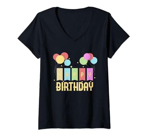 Damen Happy Birthday mit Luftballons und Kerzen T-Shirt mit V-Ausschnitt Damen Happy Birthday mit Luftballons und Kerzen T-Shirt mit V-Ausschnitt von Süße Geburtstags Motive
