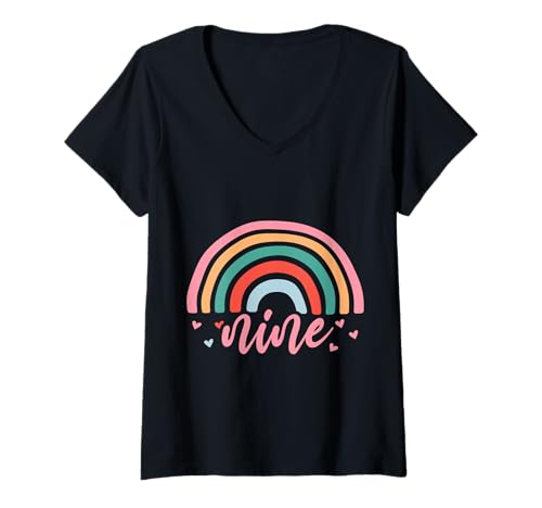 Damen 9. Geburtstag süßes Regenbogen Mädchen 9 Jahre alt Niedlich T-Shirt mit V-Ausschnitt von Süße Geburtstagsgeschenke für Mädchen Regenbogen