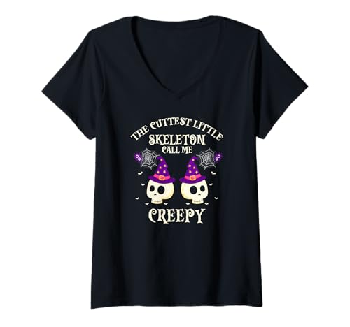 Damen Das Süßeste Kleine Skelett Gruseliger Halloween Spaß T-Shirt mit V-Ausschnitt von Süße Gruselskelett Fans