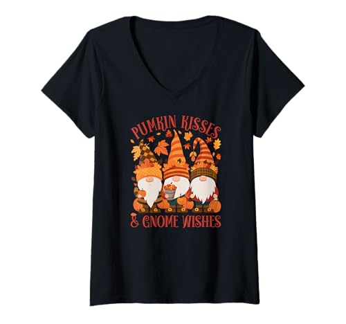 Damen Lustige Kürbis Küsse & GNOME Wünsche Thanksgiving T-Shirt mit V-Ausschnitt von Süße Herbsternte Gnome & Kürbisse