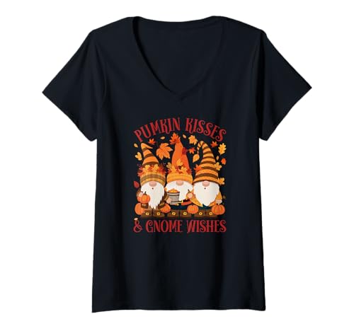 Damen Lustige Kürbis Küsse & GNOME Wünsche Thanksgiving T-Shirt mit V-Ausschnitt von Süße Herbsternte Gnome & Kürbisse