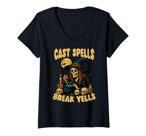Damen Cast Zells Break Schreien Skelett Hexenkessel T-Shirt mit V-Ausschnitt von Süße Hexen Halloween Trick Oder Bonbon -liebhaber