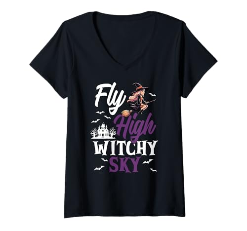 Damen Fliegen Sie Hoher Hexenhimmel, Süße Fliegende Hexe T-Shirt mit V-Ausschnitt von Süße Hexen Halloween Trick Oder Bonbon -liebhaber