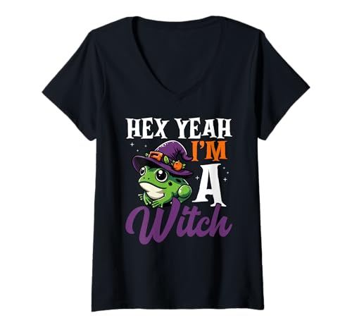 Damen Hex Ja, Ich Bin Eine Hexe Lustiger Frosch Halloween T-Shirt mit V-Ausschnitt von Süße Hexen Halloween Trick Oder Bonbon -liebhaber
