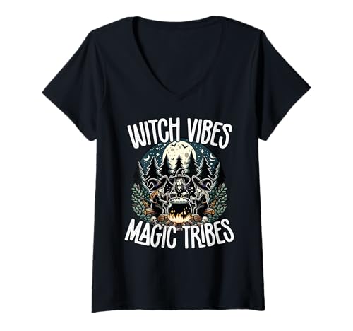 Damen Witch Vibes Magic Tribes Vollmond Coven T-Shirt mit V-Ausschnitt von Süße Hexen Halloween Trick Oder Bonbon -liebhaber