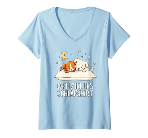 Damen Offizielles Schlafshirt Hund Hunde T-Shirt mit V-Ausschnitt von Süße Hund Schlafshirt Damen Herren Geschenke