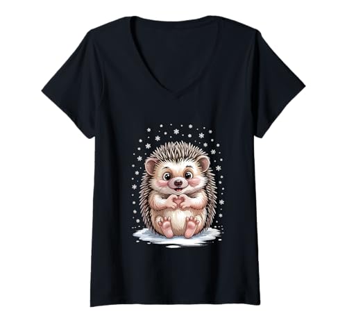 Damen Igel mit Herz Süßes Igelmotiv T-Shirt mit V-Ausschnitt von Süße Igel Geschenke für Kinder
