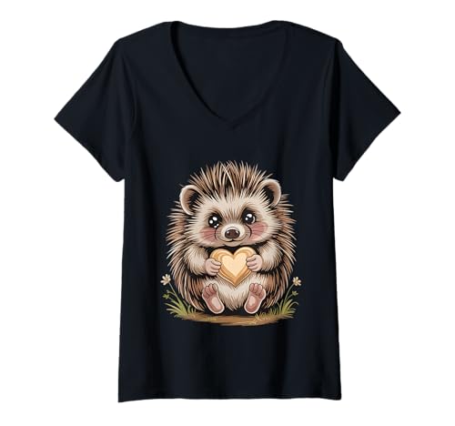 Damen Igel mit Herz Süßes Igelmotiv T-Shirt mit V-Ausschnitt von Süße Igel Geschenke für Kinder